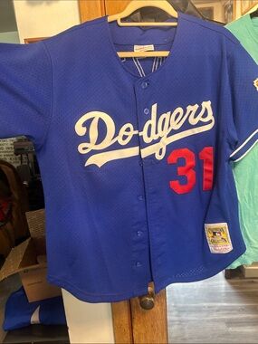 Mitchell & Ness Blue Dodgers Button-Up Jersey with Red 31